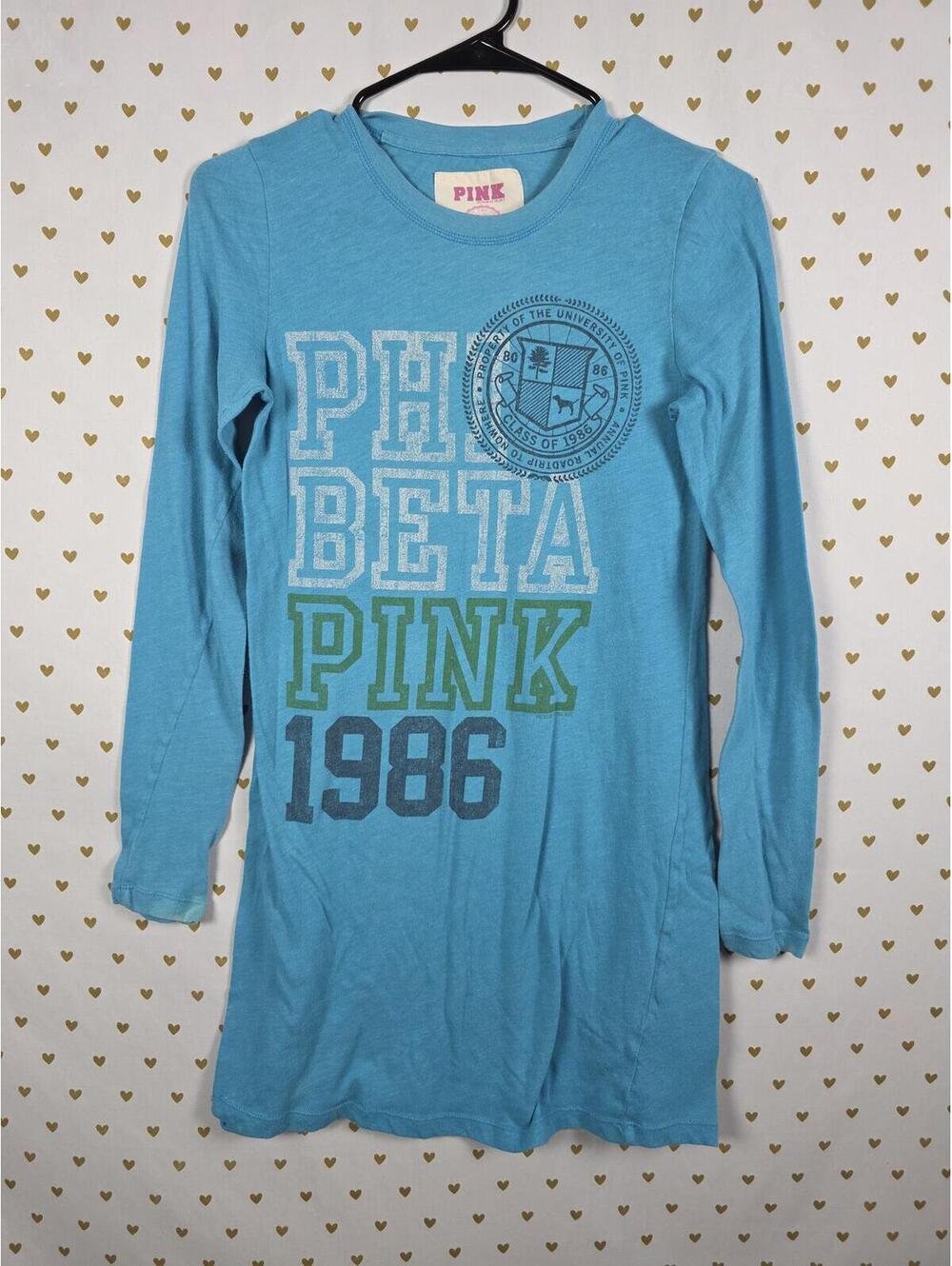 Victorias Secret PHI BETA PINK Long Sleeve Nightigown Sleep Dress Y2k Vintage SM - Picture 1 of 5